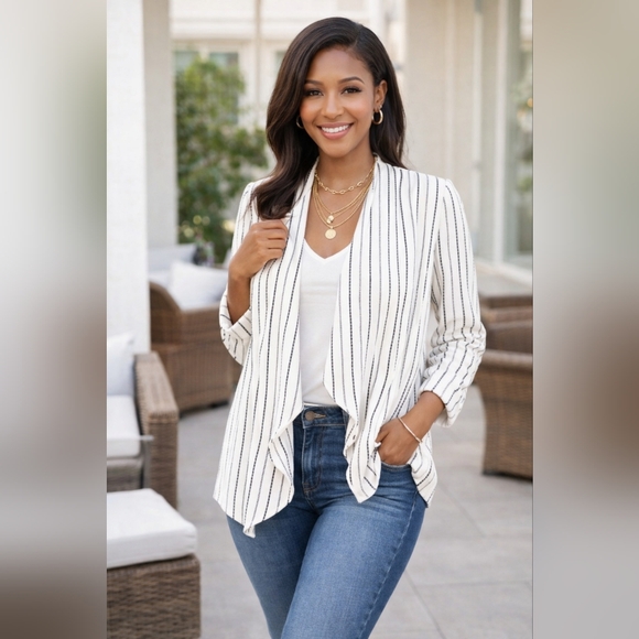 Chico's Jackets & Blazers - Chico’s White Black Striped Open Front Blazer Jacket Size 4/6 Capsule Wardrobe